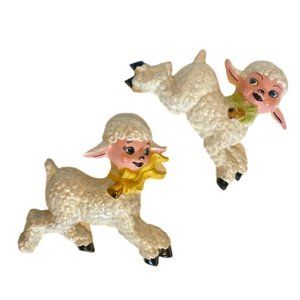 Ceramic Lamb Plaques Mid Century 1950s Set of Two Hand Painted Gallery Wall Baby